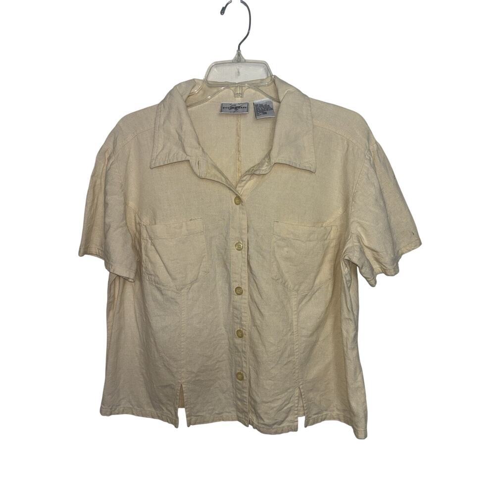 Vtg 90s Linen Blend Boxy Fit Button Front Top 14 Safari Utility Boho FLAW